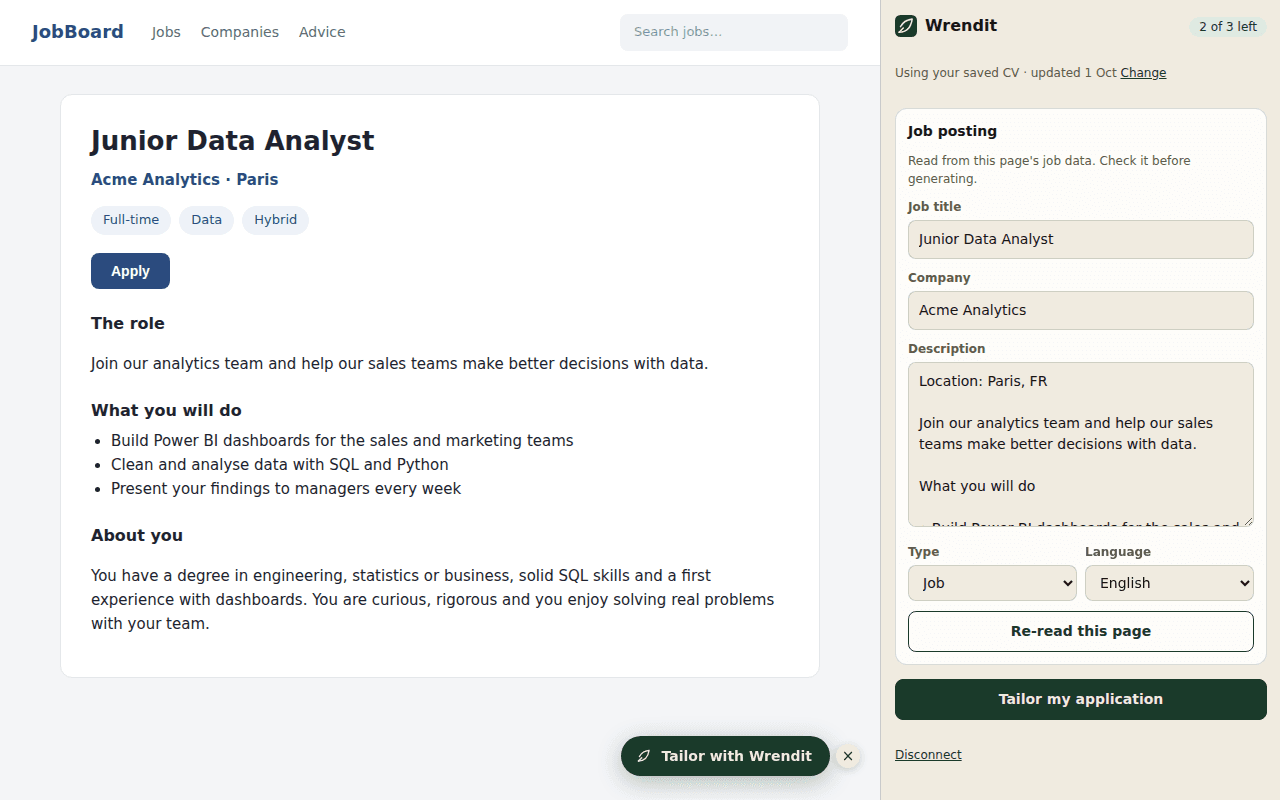 A job posting with the Wrendit side panel open, showing the job title, company and description it read from the page