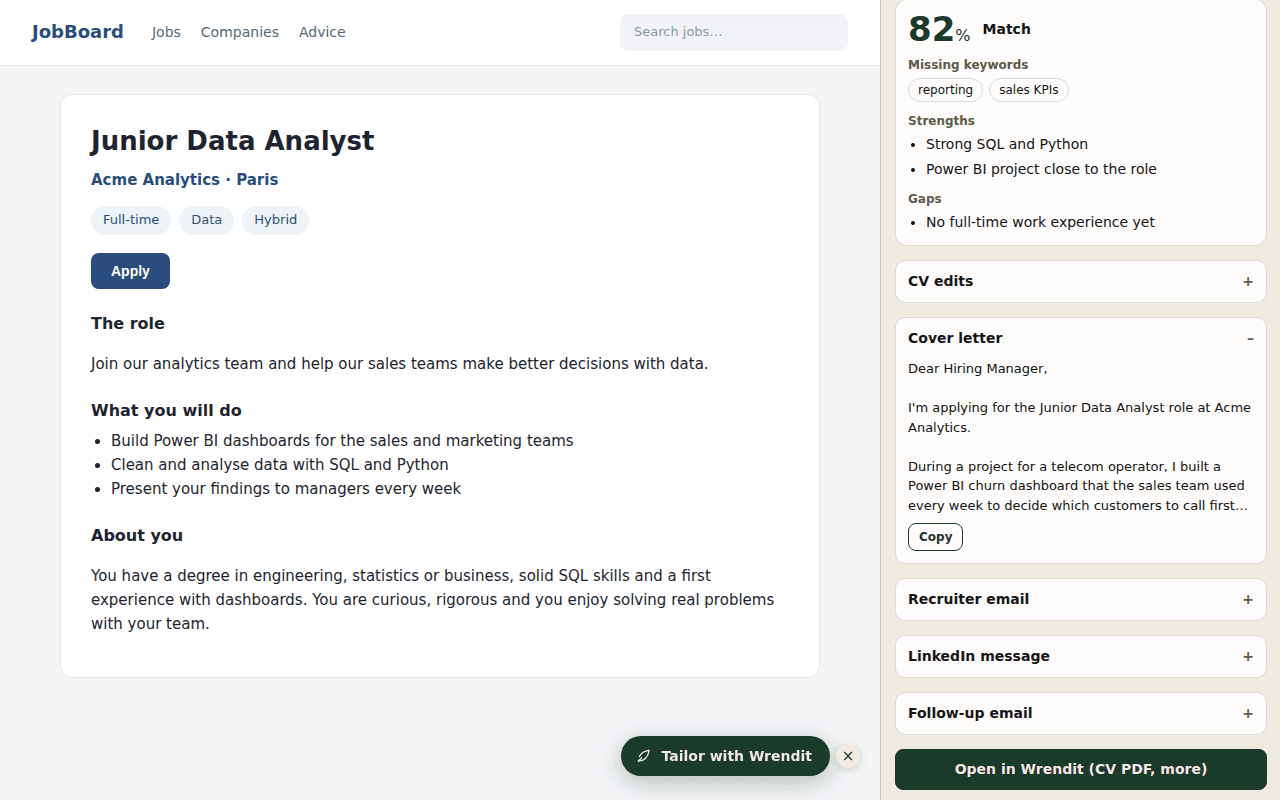 The Wrendit side panel showing an 82% match score, missing keywords, CV edits and a tailored cover letter