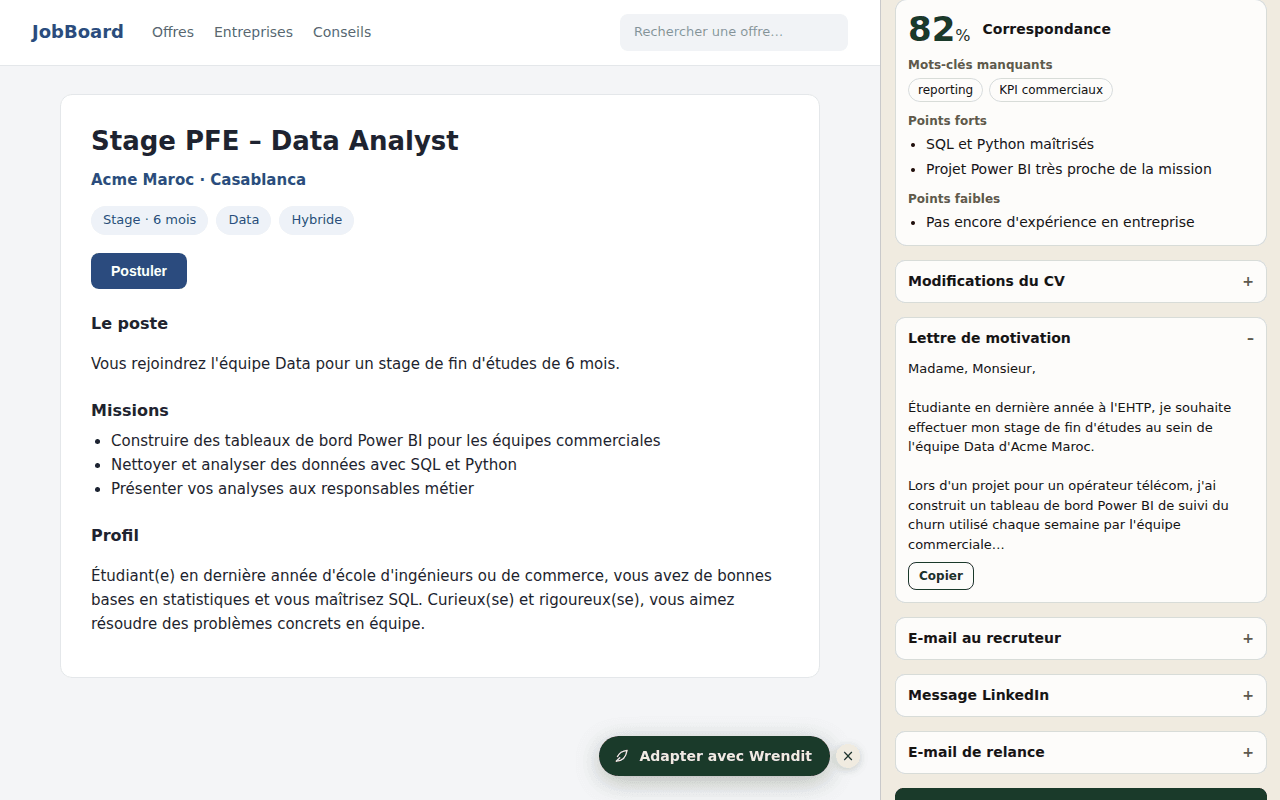 Le panneau Wrendit avec un score de correspondance de 82 %, les mots-clés manquants, les modifications du CV et la lettre de motivation